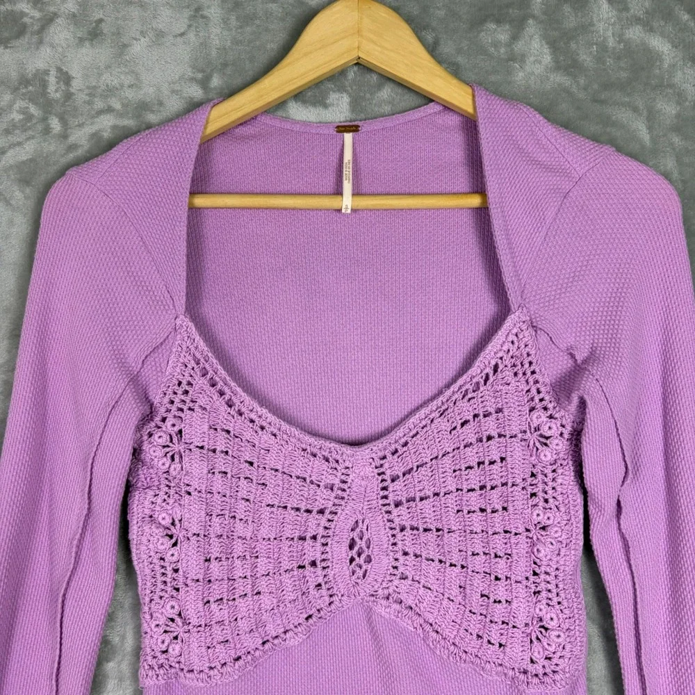 Free People Butterfly Dreams Top Purple Crochet Lace Thermal Small Boho Fairy